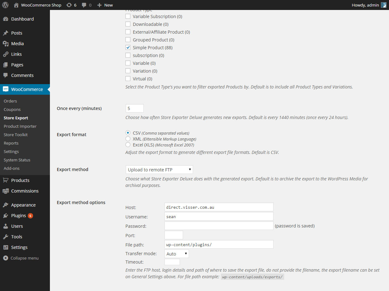 Scheduled Exports section in Store Exporter Deluxe, highlighting the Export to FTP option under Export Methods.