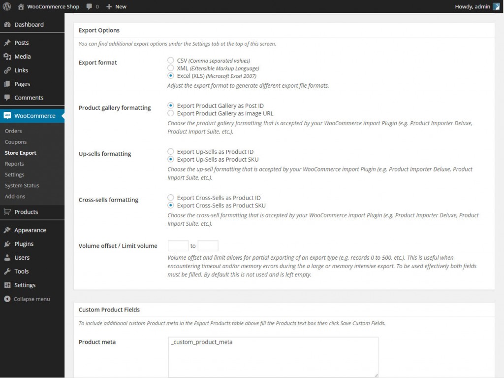 export options - Visser Labs Store Exporter Deluxe WooCommerce plugin screenshot showing export options for CSV, XML, and Excel file formats