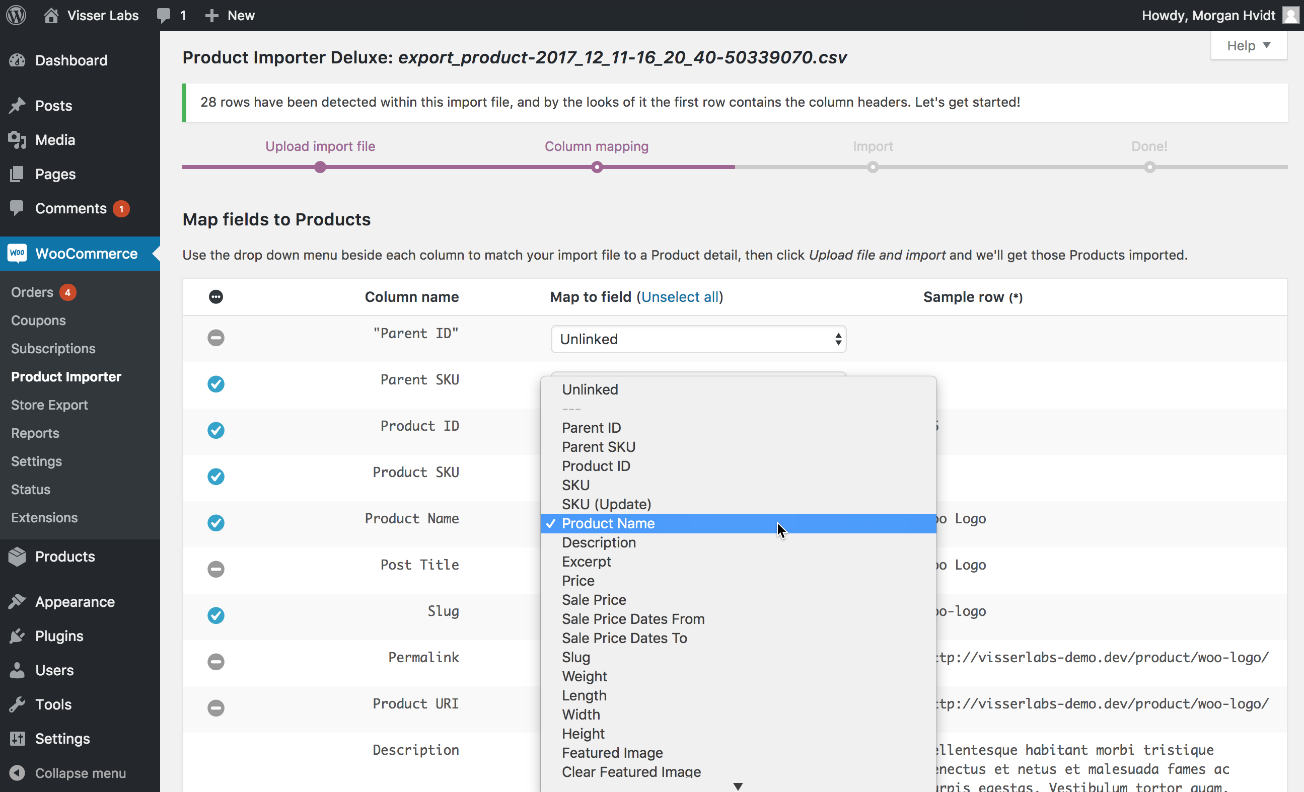 How to column map WooCommerce Product imports