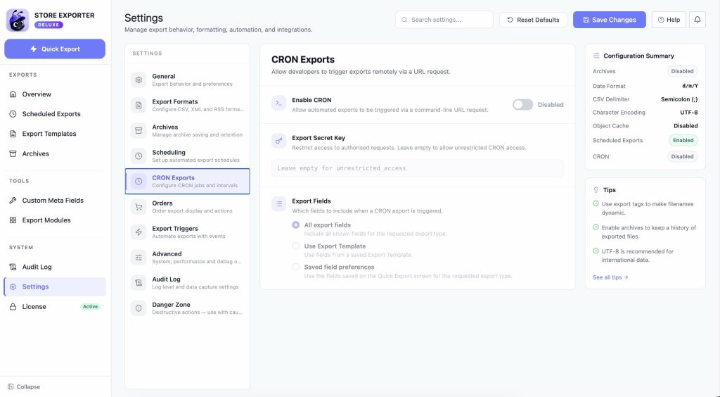 Settings page UI with left sidebar navigation and CRON Exports highlighted in the main panel, including General, Export Formats, Archives, Scheduling options and a right-side Configuration Summary card