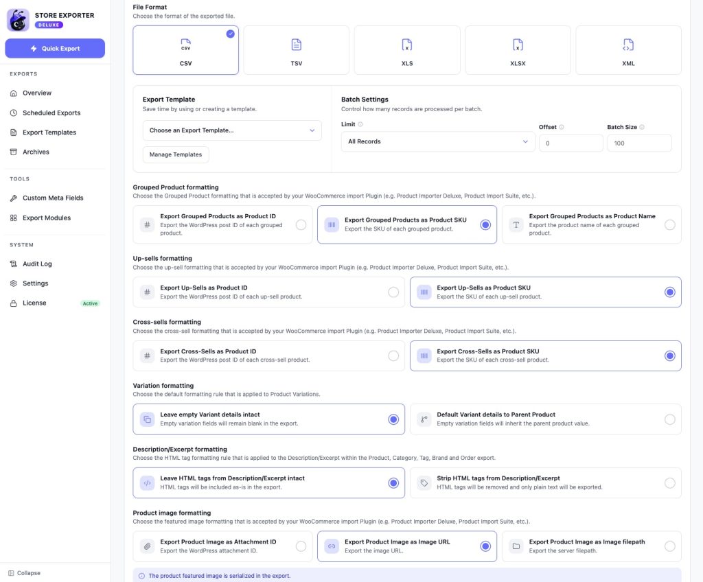 The Export Options step showing the formatting options and the Export Template selector