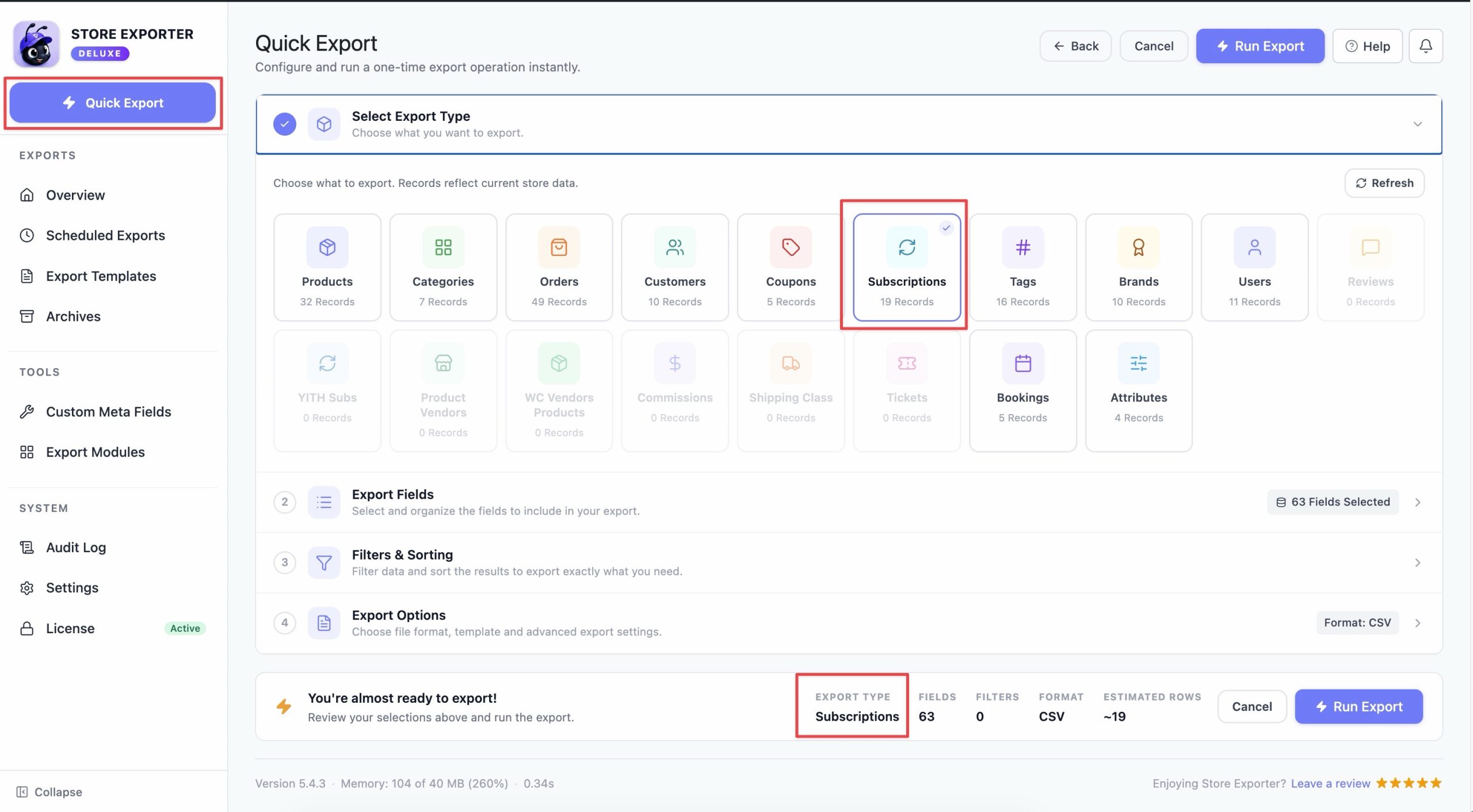 Quick Export sidebar button and export type selector showing Subscriptions selected - Visser Labs Quick Export sidebar button and export type selector showing Subscriptions selected