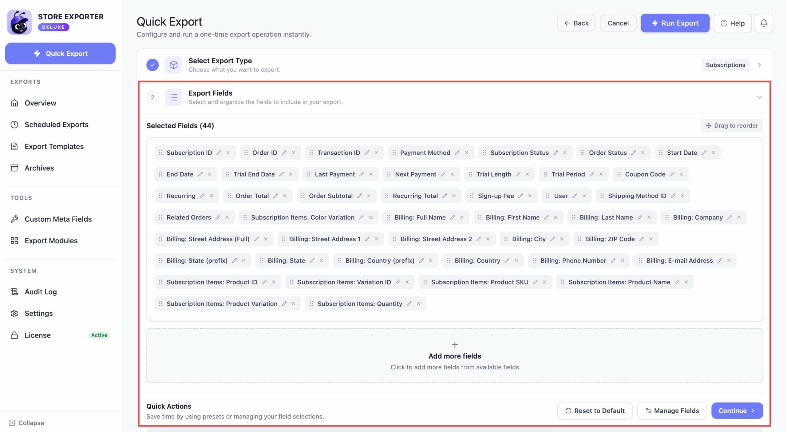 Fields step showing subscription field categories and the pencil icon used to rename a column - Visser Labs Export Fields step showing subscription field categories and the pencil icon used to rename a column