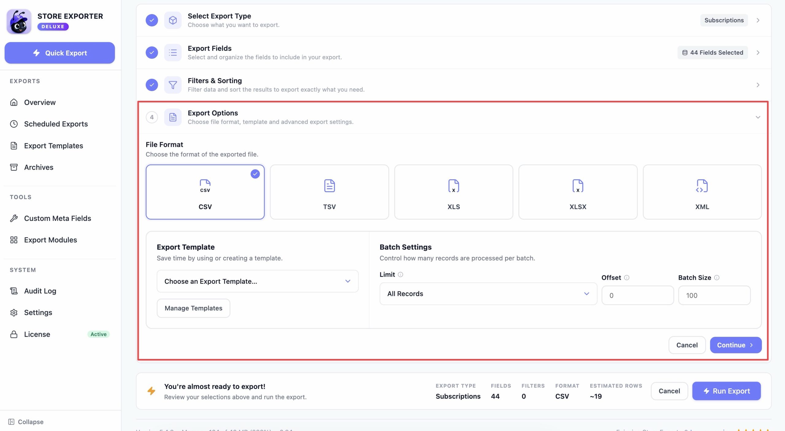 Options step showing the Limit, Offset, and Batch Size fields - Visser Labs Export Options step showing the Limit, Offset, and Batch Size fields
