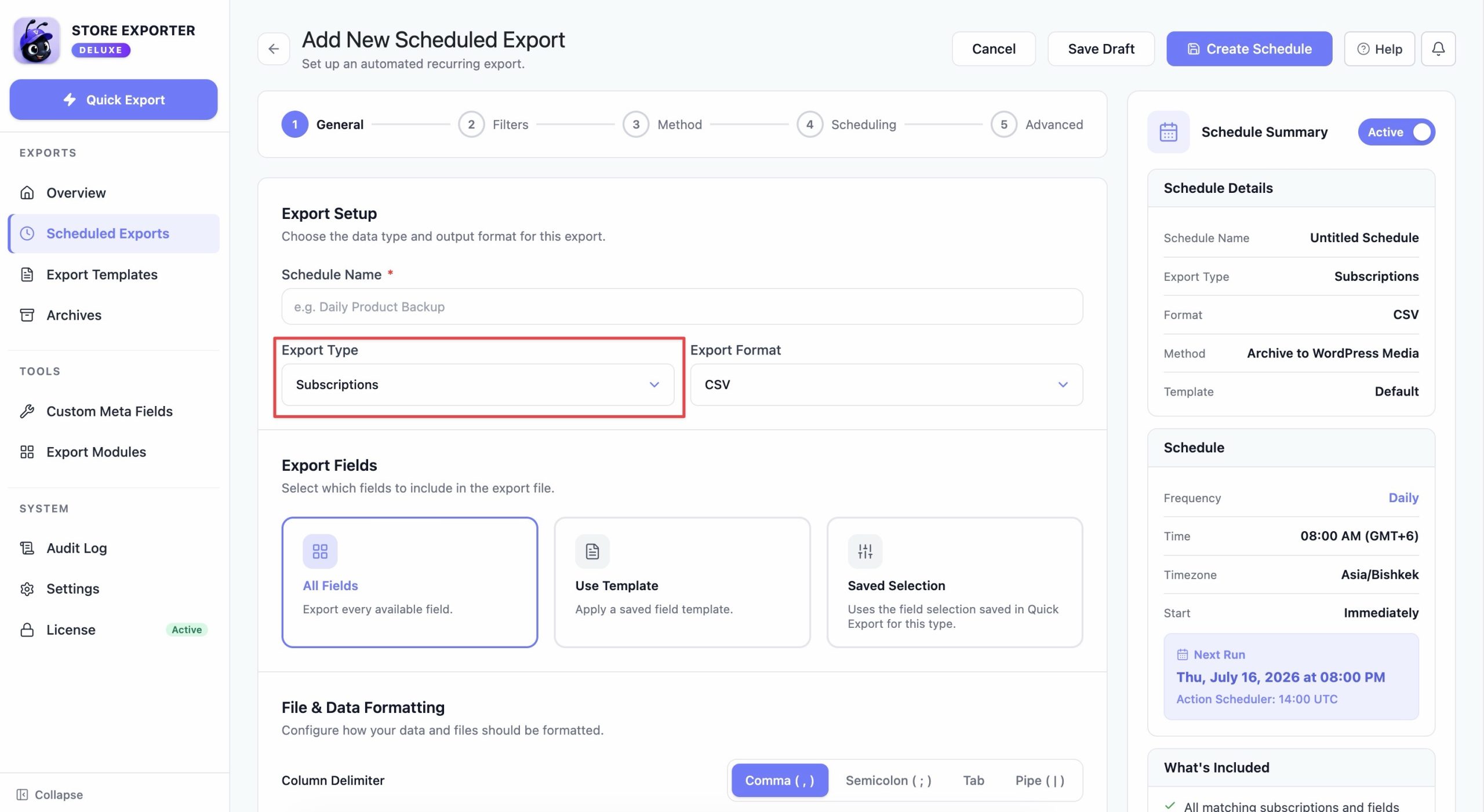 Scheduled Exports form with Subscriptions selected as the export type - Visser Labs Scheduled Exports form with Subscriptions selected as the export type