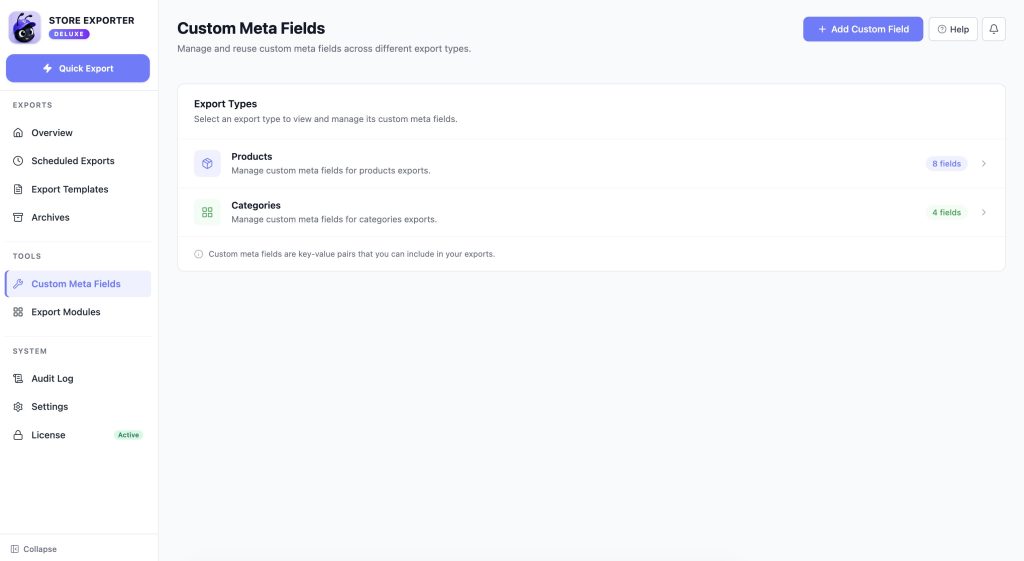 La liste des champs de métadonnées personnalisés montrant les types d’exportation configurés et le bouton Ajouter un champ personnalisé - Visser Labs La liste des champs de métadonnées personnalisés montrant les types d’exportation configurés et le bouton Ajouter un champ personnalisé