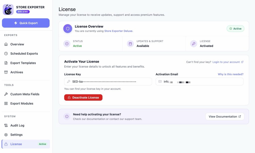 Store Exporter Deluxe License page with the License Key and Activation Email fields filled in - Visser Labs Store Exporter Deluxe License page with the License Key and Activation Email fields filled in