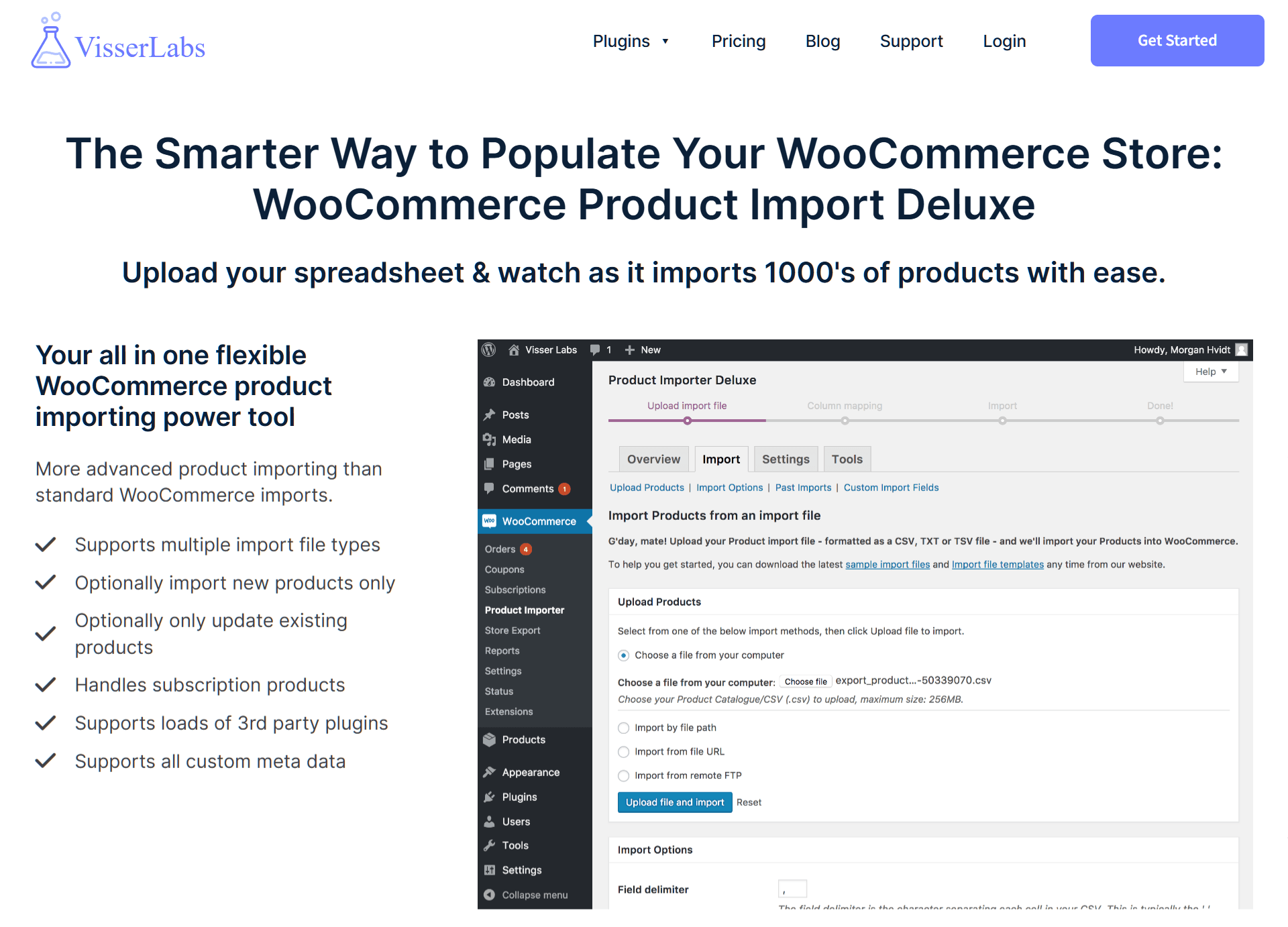 A screencap of the landing page of Visser Labs' WooCommerce Product Import Deluxe, a tool designed to import large quantities of product data