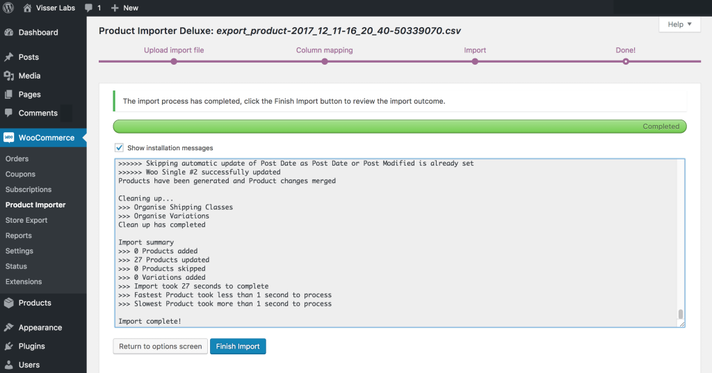A screencap of Visser Labs' Product Importer tool on the WordPress dashboard, showing a finished import process with a focus on import log