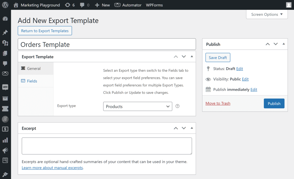 The Add New Export Template page, showing a new template being named "Orders Template" as well as various sections, including the Export Template, Excerpt, and Publish boxes