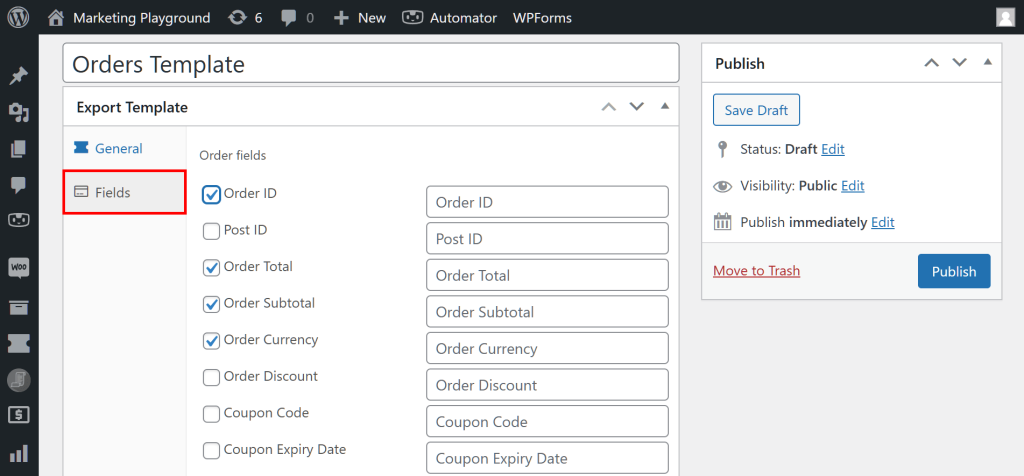 The Add New Export Template page, showing the Fields panel highlighted, and the Export type dropdown menu clicked to reveal a list of export types