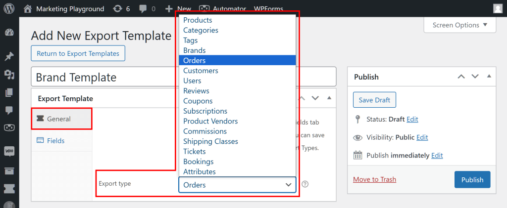 The Add New Export Template page, showing the General panel highlighted, and the Export type dropdown menu clicked to reveal a list of export types