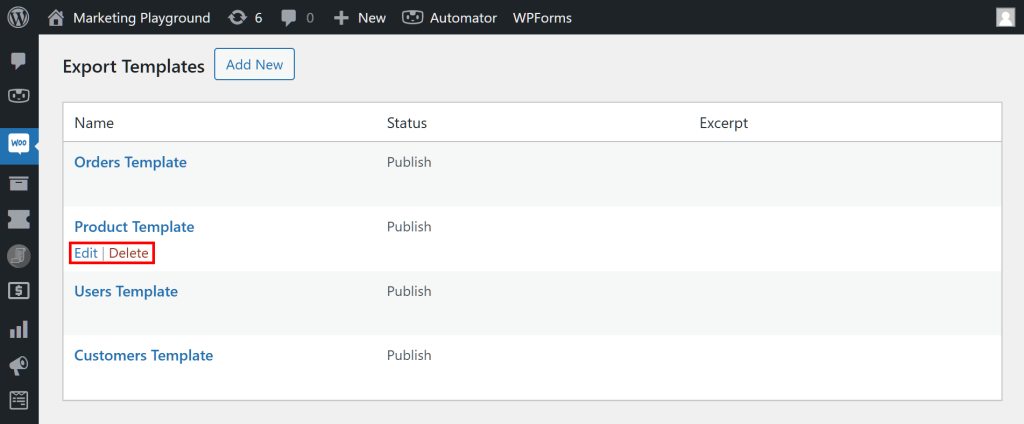 The WordPress dashboard, showing the Export Templates table which consists of four templates