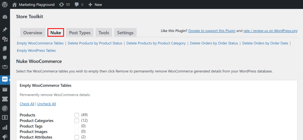 A screencap of the WordPress dashboard showing the Nuke WooCommerce page, with the "Nuke" panel nighlighted