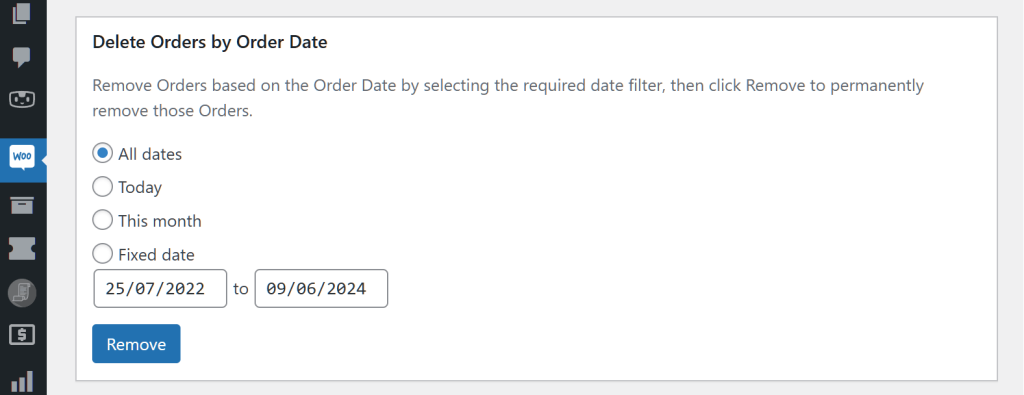 A screencap of the WordPress dashboard showing the Nuke WooCommerce page with a focus on the "Delete Orders by Order Date" area