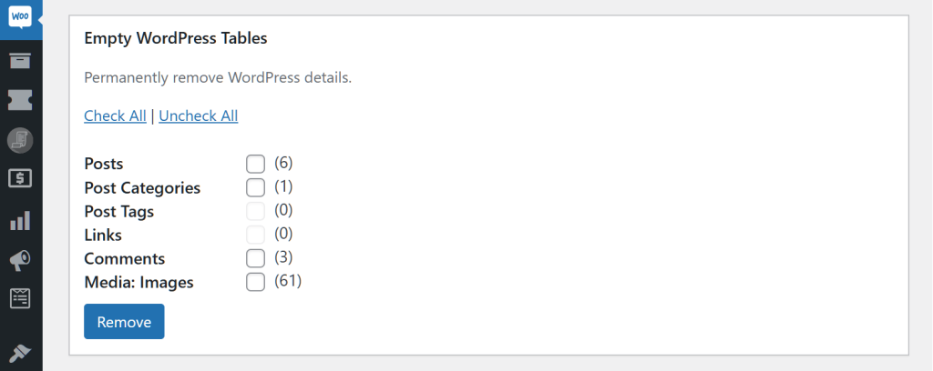 A screencap of the WordPress dashboard showing the Nuke WooCommerce page with a focus on the "Empty WordPress Tables" area