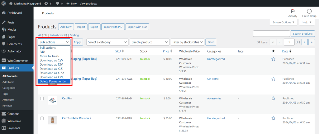 A screencap of the WordPress dashboard showing the Products page, and the "Bulk actions" dropdown accessed to reveal various options