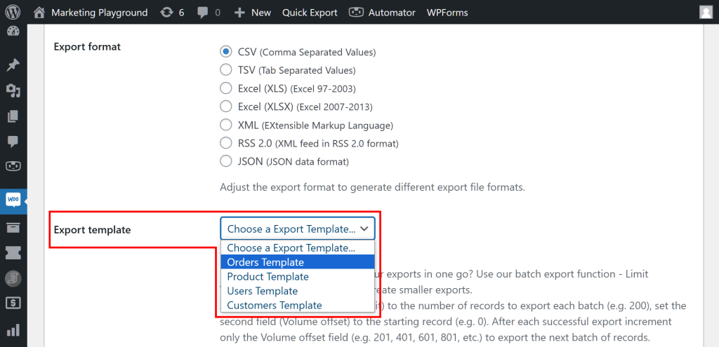 The WordPress dashboard, with the export template option's dropdown menu clicked and highlighted to show a list of templates