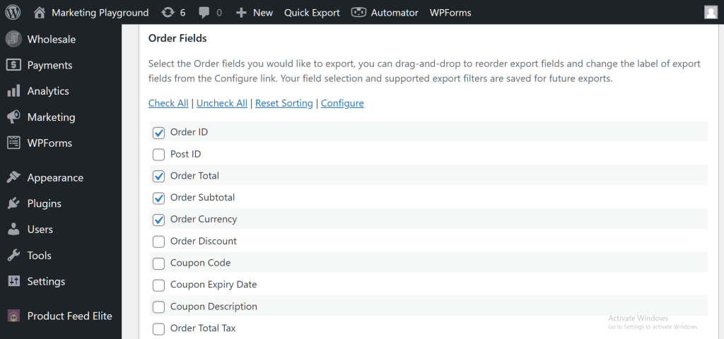 The WordPress dashboard, showing Store Exporter Deluxe's Orders Fields section which contains a list of fields