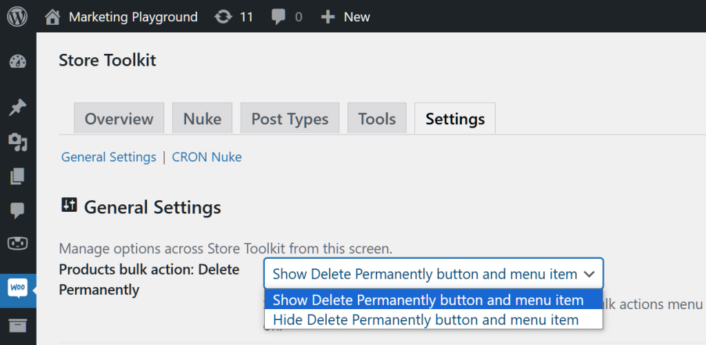 A screencap of the WordPress dashboard showing Store Toolkit's Settings area, with a dropdown menu accessed to reveal two options