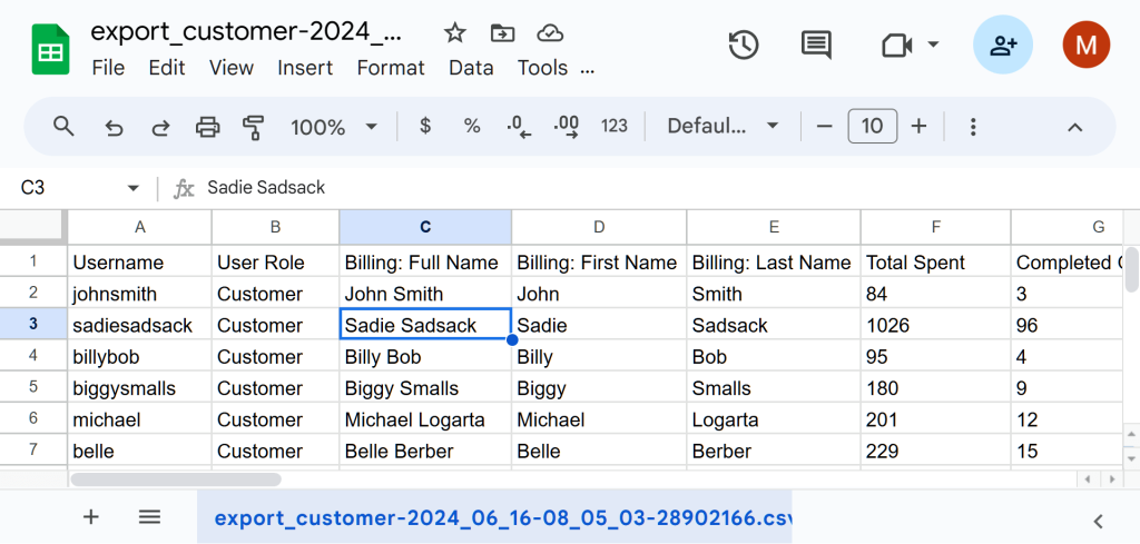 A Google Sheet showing WooCommerce customer export data, which includes 6 customers and various information about them