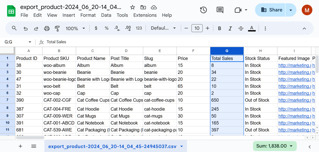 A Google Sheet showing WooCommerce product export data