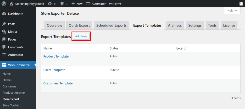 The Export Templates page, showing the "Add New" button highlighted in red and a table consisting of three templates