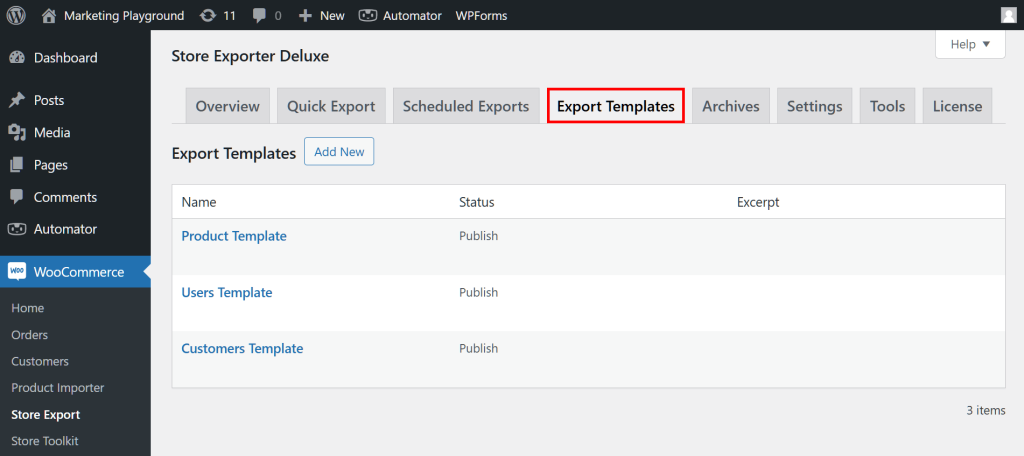 The Export Templates page, showing the "Export Templates" tab highlighted in red and a table consisting of three templates