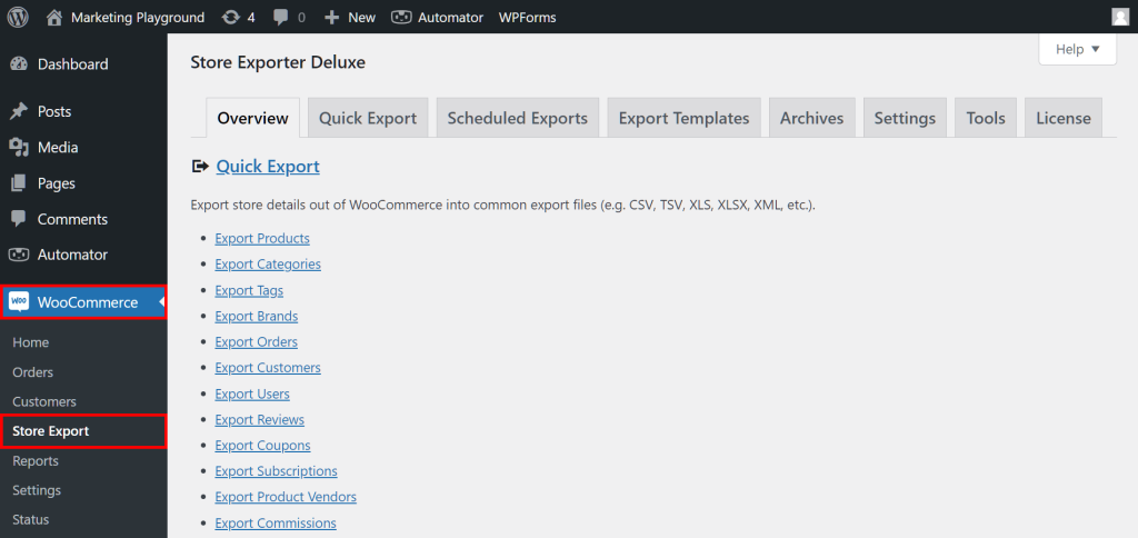 The WordPress dashboard, highlighting the path from the WooCommerce panel to the Store Export panel, which reveals the Store Exporter Deluxe page and its eight main tabs and a list of Quick Export options