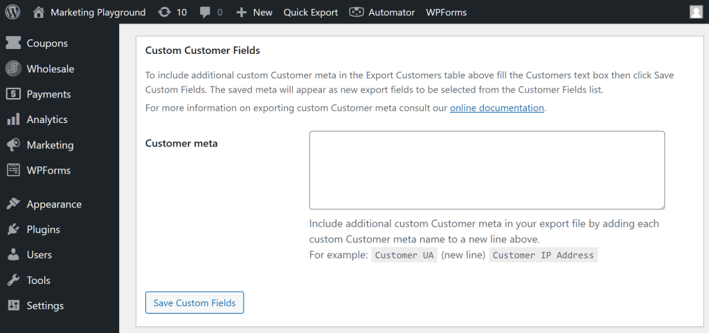 The WordPress dashboard, showing Store Exporter Deluxe's Custom Customer Fields section, which comes with detailed instructions, a "Customer meta" text box, and a "Save Custom Fields" button