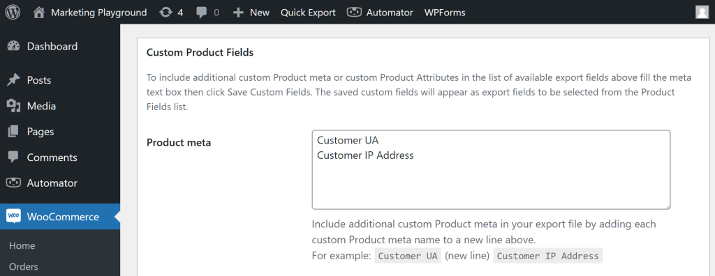 The WordPress dashboard, showing Store Exporter Deluxe's Custom Product Fields section, which comes with detailed instructions and a "Product meta" text box
