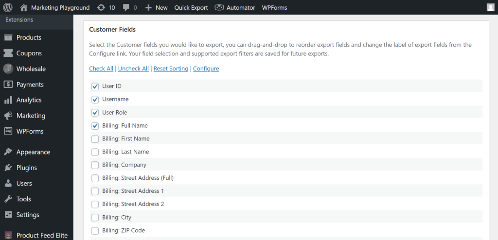 The WordPress dashboard, showing Store Exporter Deluxe's Customer Fields section which contains a list of fields, including User ID, Username, User Role, and Billing: Full Name, whose checkboxes have been ticked