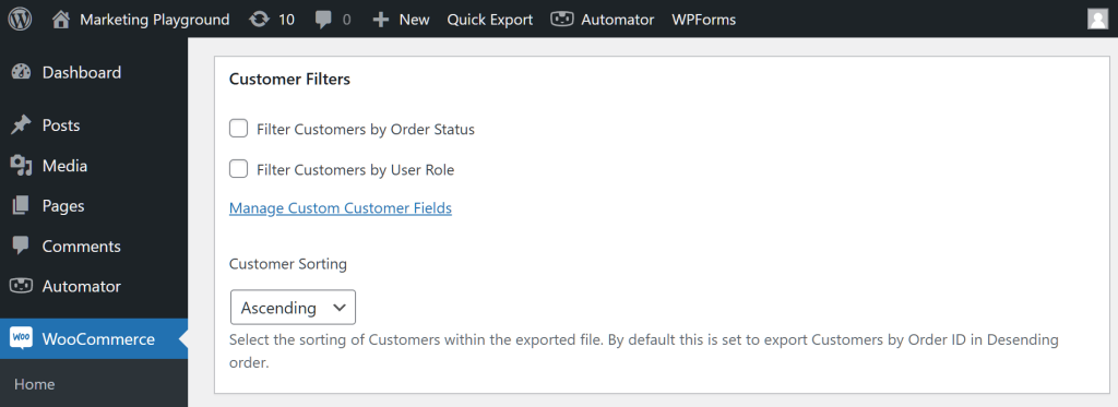 The WordPress dashboard, showing Store Exporter Deluxe's Customer Filters section, which comes with three options: "Filter Customers by Order Status," "Filter Customers by User Role," and "Customer Sorting"