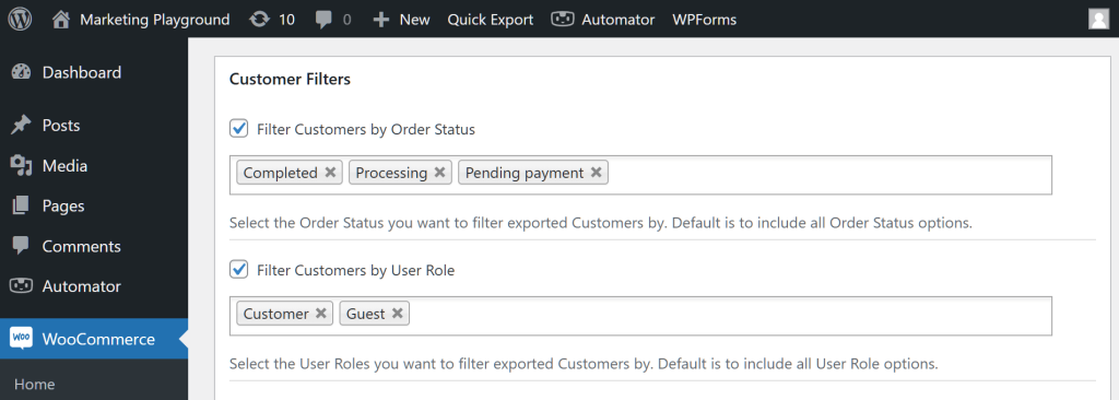The WordPress dashboard, showing Store Exporter Deluxe's Customer Filters section, with two of its options "Filter Customers by Order Status" and "Filter Customers by User Role" filled with data