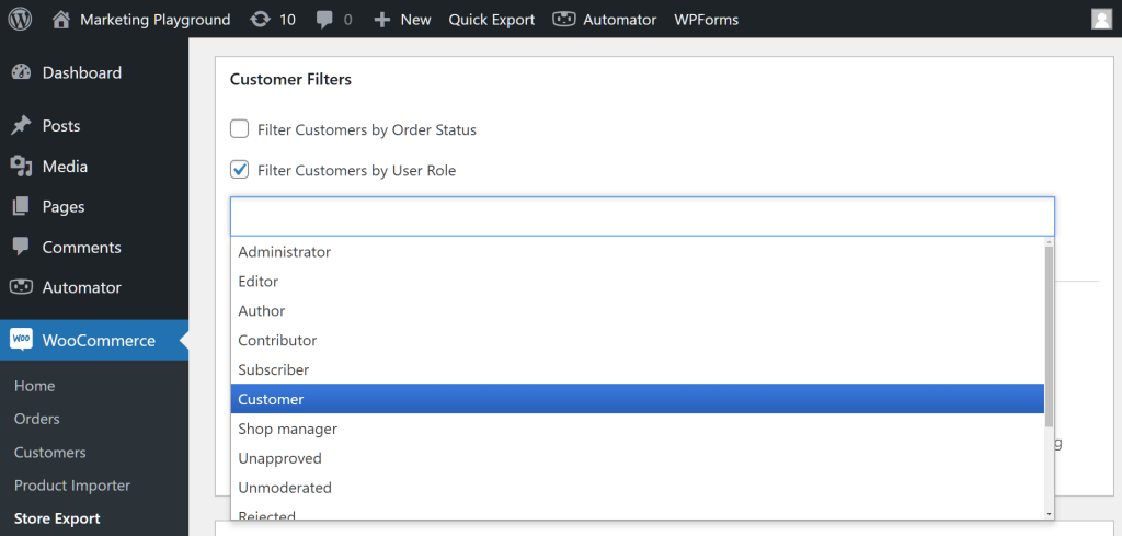 The WordPress dashboard, showing Store Exporter Deluxe's Customer Fields section, with the "Filter Customers by User Role" checkbox ticked to reveal various user roles