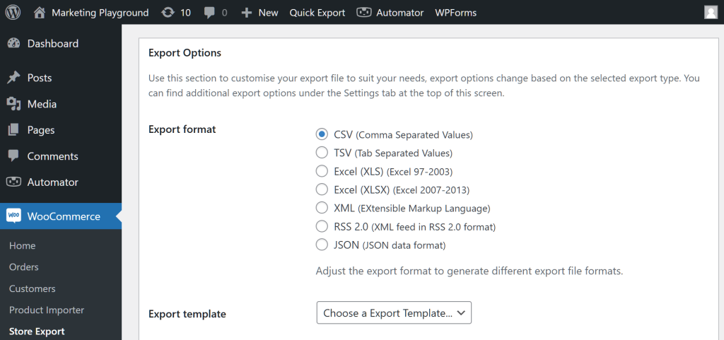 The WordPress dashboard, showing Store Exporter Deluxe's Export Options, with a particular focus on the Export format options, including CSV, TSV, XLS, XLSX, XML, RSS 2.0, and JSON
