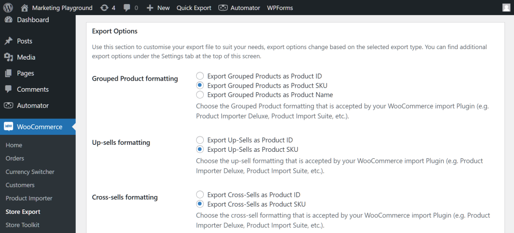 The WordPress dashboard, showing Store Exporter Deluxe's Export Options, with a focus on the options for how variations, descriptions/excerpts, product images, and product image galleries are formatted