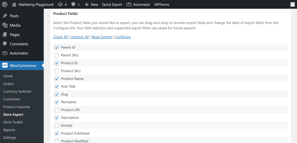 The WordPress dashboard, showing Store Exporter Deluxe's Product Fields section which contains a list of product fields