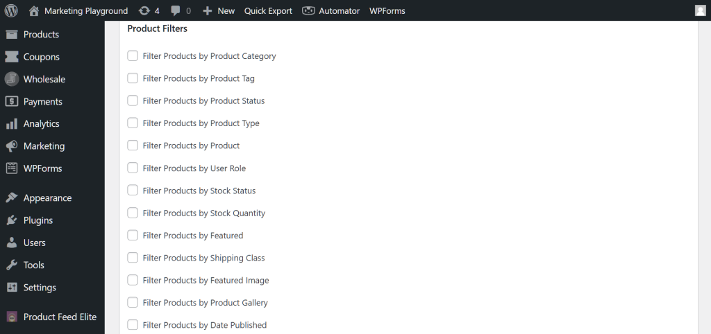 The WordPress dashboard, showing Store Exporter Deluxe's Product Filters section, which comes with multiple options
