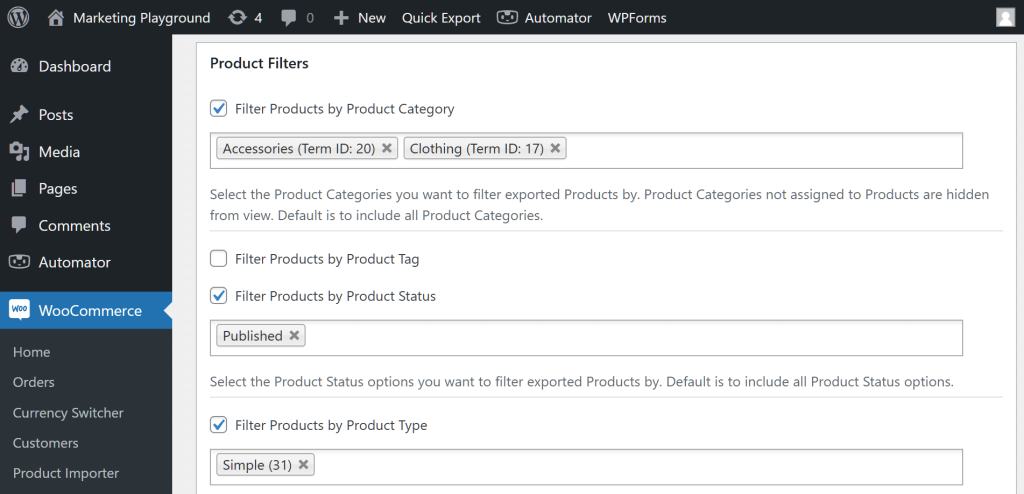The WordPress dashboard, showing Store Exporter Deluxe's Product Fields section, with the checkboxes of "Filter Products by Product Category," "Filter Products by Product Status," and "Filter Products by Product Type" ticked to reveal various options