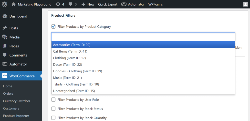 The WordPress dashboard, showing Store Exporter Deluxe's Product Fields section, with the "Filter Products by Product Category" checkbox ticked to reveal various product categories