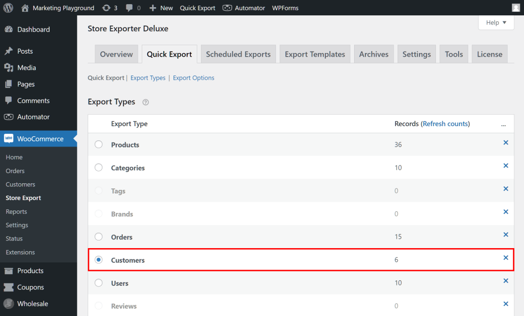 The WordPress dashboard, showing Store Exporter Deluxe's Quick Export section, which contains a list of Export Types, including "Customers" highlighted in red