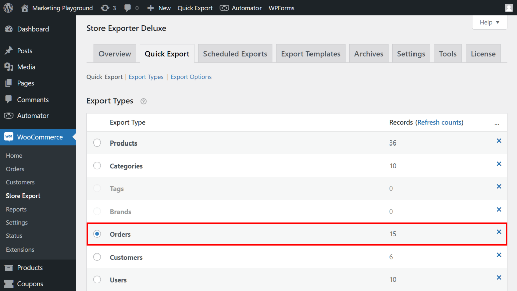 The WordPress dashboard, showing Store Exporter Deluxe's Quick Export section, which contains a list of Export Types, including "Orders" highlighted in red