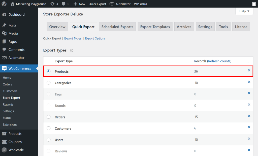 The WordPress dashboard, showing Store Exporter Deluxe's Quick Export section, which contains a list of Export Types, including "Products" highlighted in red