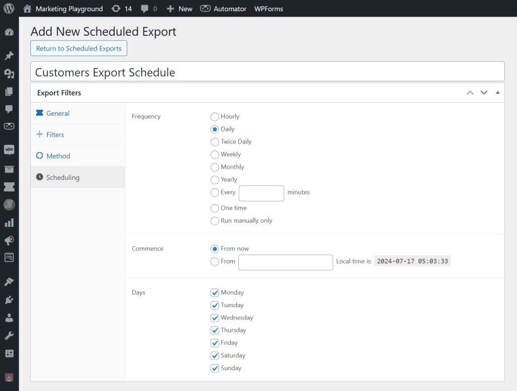 Store Exporter's Add New Scheduled Export page, with a focus on the 
"Scheduling" tab, which comes with multiple options regarding when and how often to export data