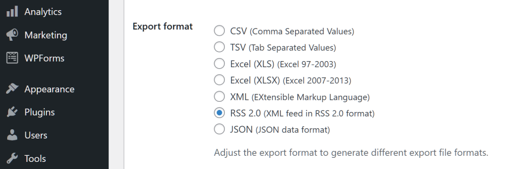 The WordPress dashboard, showing Store Exporter Deluxe's Export Options, with a particular focus on the Export format options, including CSV, TSV, XLS, XLSX, XML, RSS 2.0, and JSON