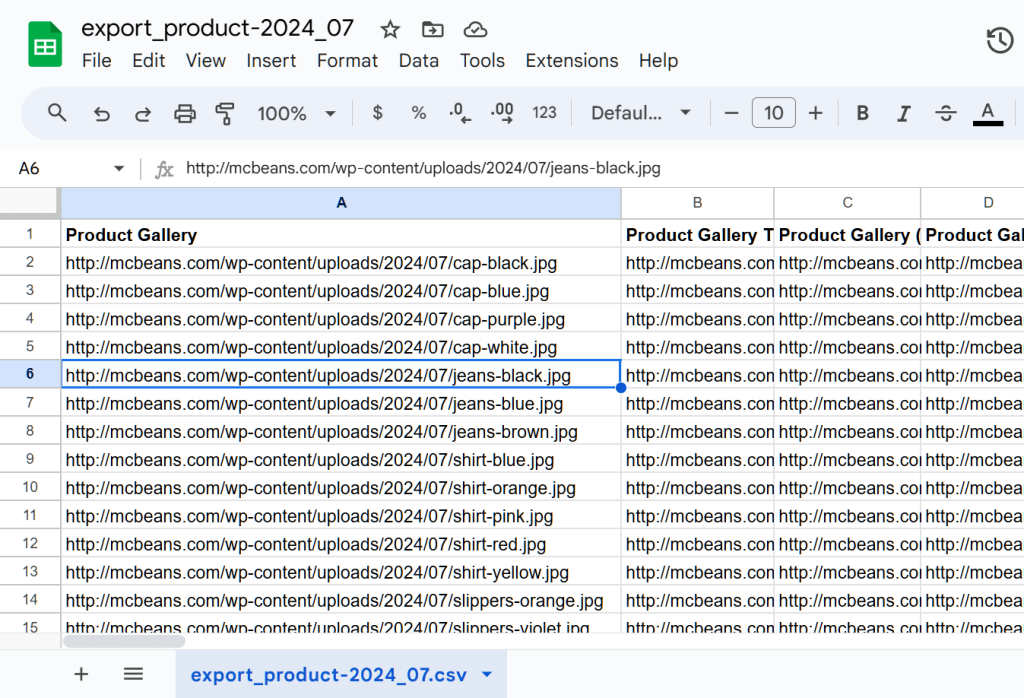 A Google Sheet showing WooCommerce product galleries displayed on an export file as image URLs