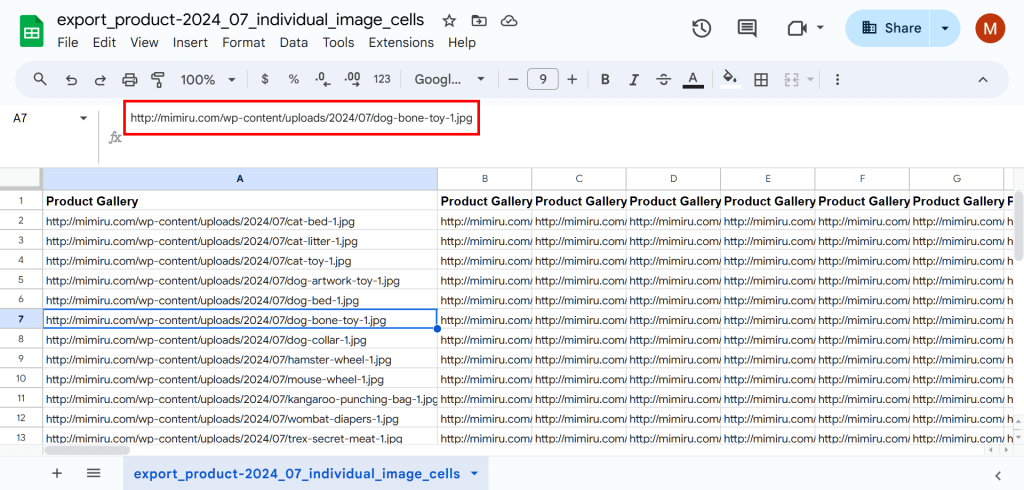 A Google Sheet showing WooCommerce product galleries displayed on an export file as image URLs