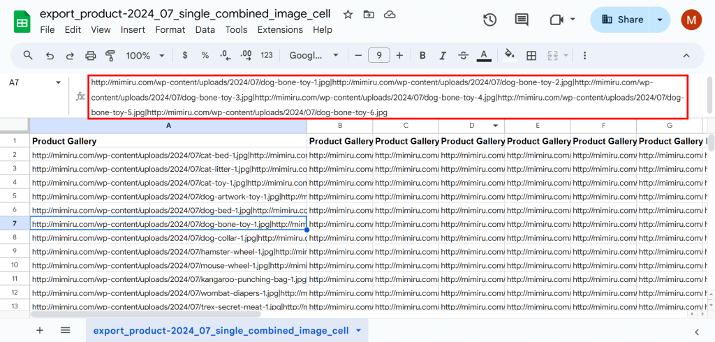 A Google Sheet showing WooCommerce product galleries displayed on an export file as image URLs