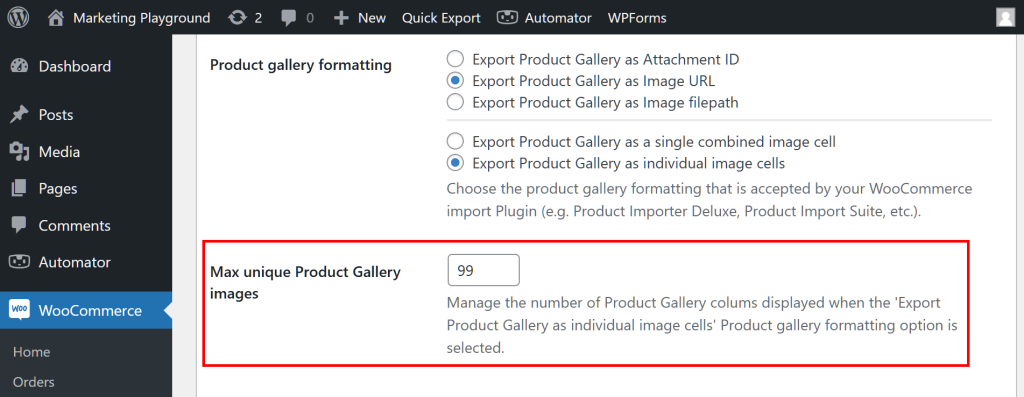 A screencap of the WordPress dashboard, showing Store Exporter Deluxe's Quick Export section, with a focus on the selection of the "Max unique Product Gallery images" option